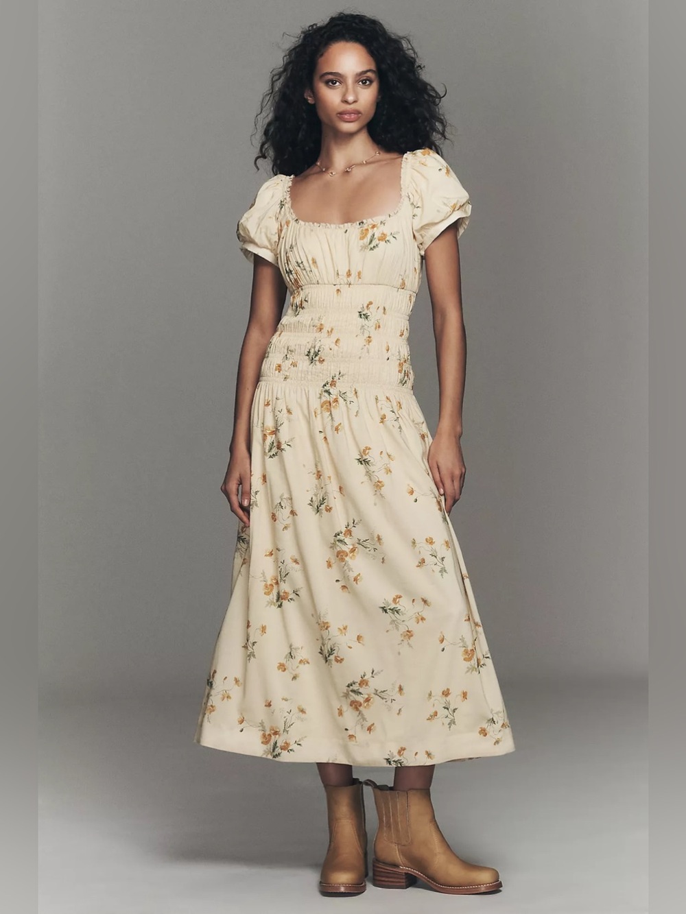 Reformation Riva Puff-Sleeve Smocked Midi Dress – Size M